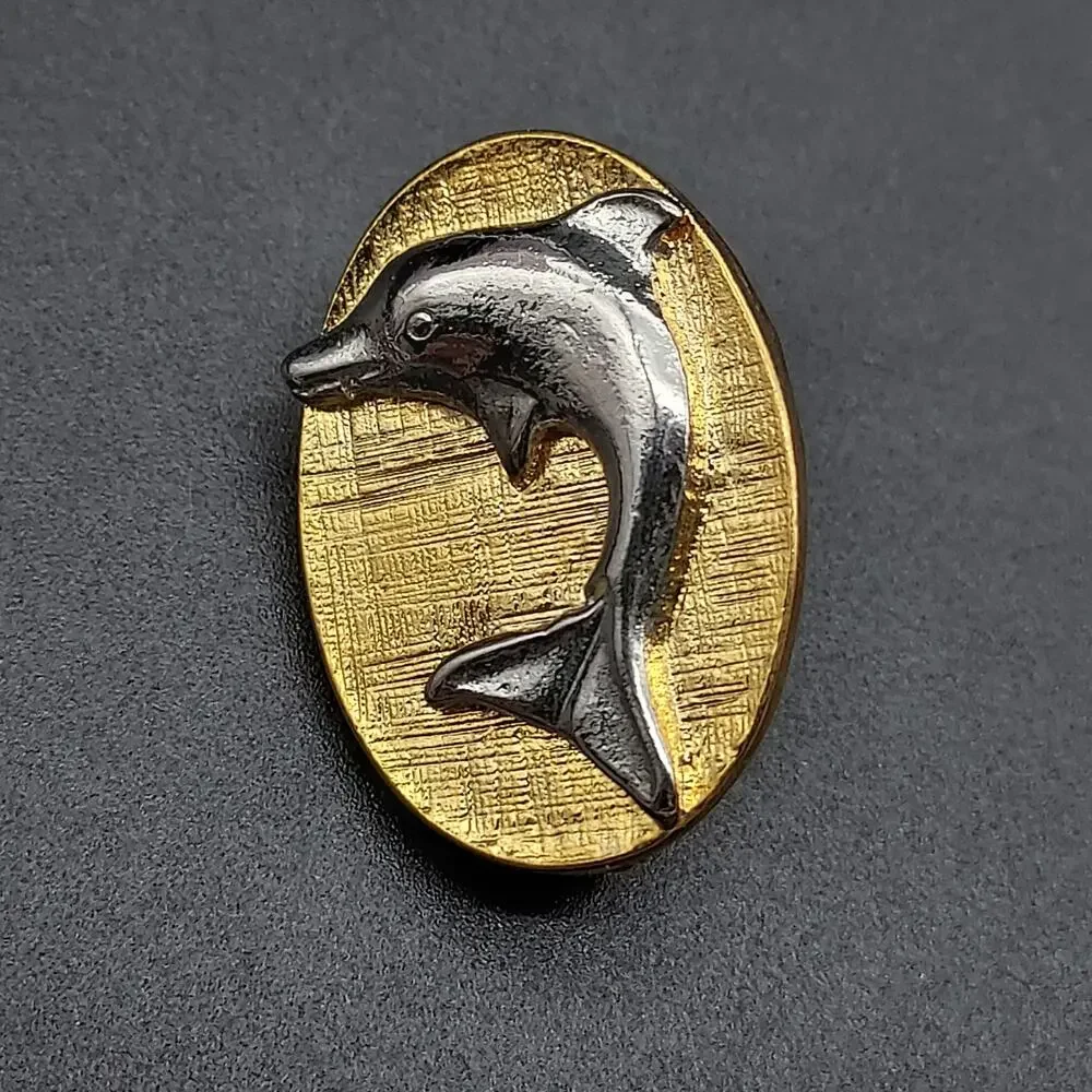 Dolphin Sea Life Pin Brooch Hidden Loop Eye Glass Badge ID Holder New Old Stock